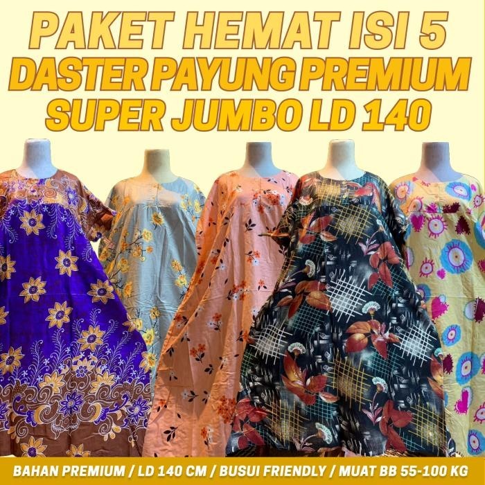 Paket 5 Pcs Daster Payung Bumil Wanita Ibu Busui LD 140 Panjang Super Jumbo DS Murah Full Body Muat 