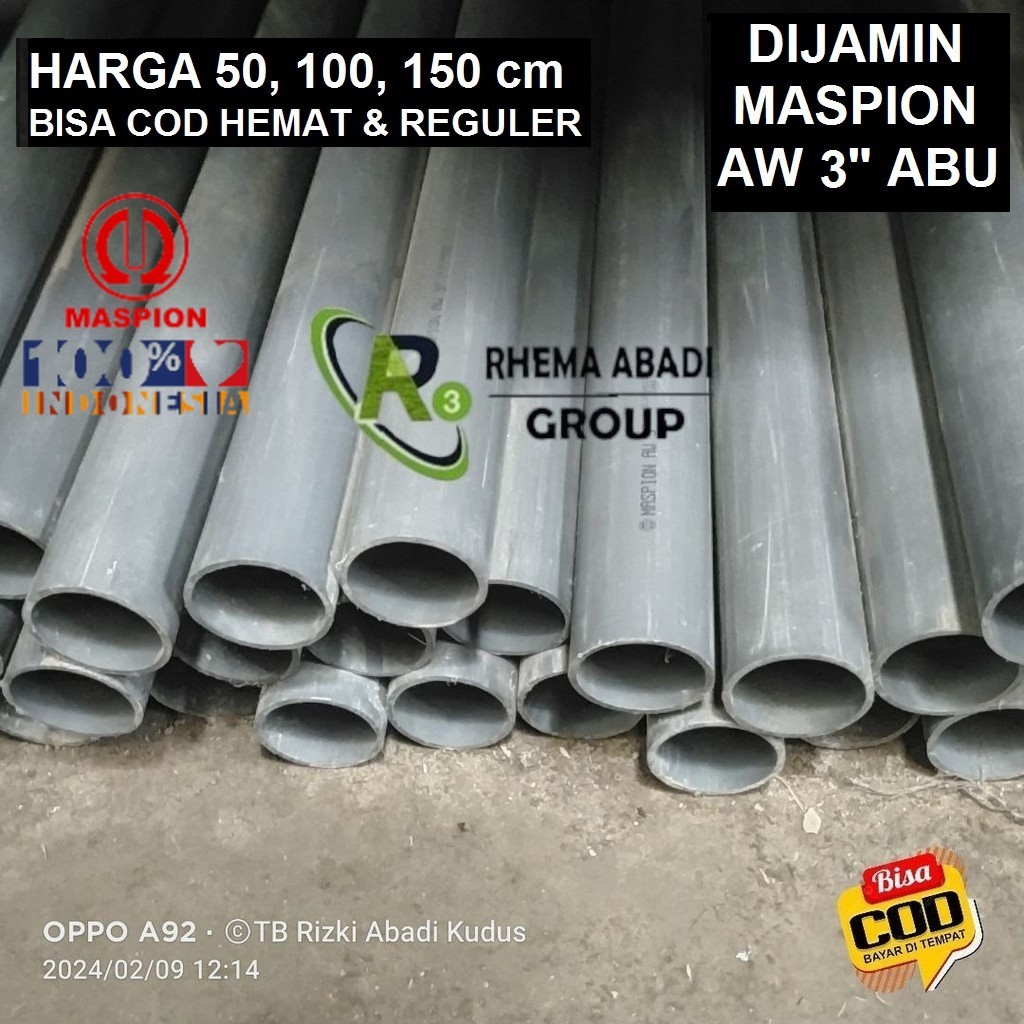 Pralon Pvc Pipa Air MASPION AW 3" inch ABU (89mm) Paralon Harga Per meter 40 50 60 100 120 cm