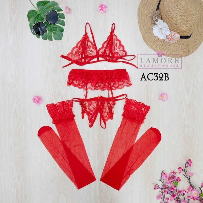 Cd G String Bra Set Fashion + Stocking + Garter Belt Merah Ac32B