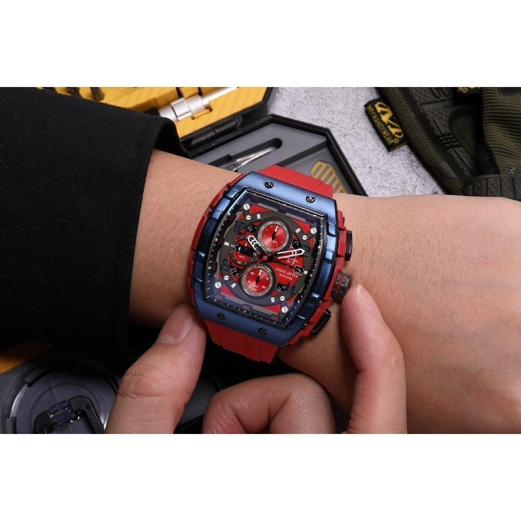 Buy 1 Get 1 jam tangan   Terbaik Evans Jayden Jam Tangan Pria 9554-2 Rubber Kaca Sapphire Chronograp
