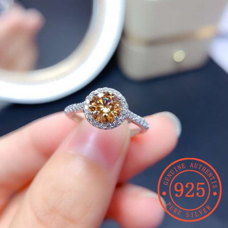 HuaLen Cincin Desain Ceruk Wanita Kelas Atas Ringan Mewah Kepribadian Korea Moissanite Berlian Dises