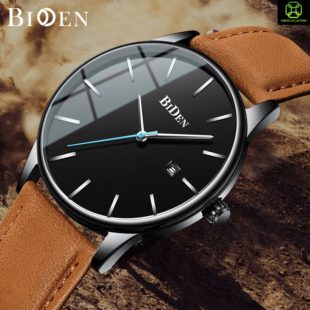 BIDEN Jam Tangan Pria Anti Air Santai Olahraga Kuarsa Jam Tali Kulit Otomatis Date Jam Tangan Cowok 