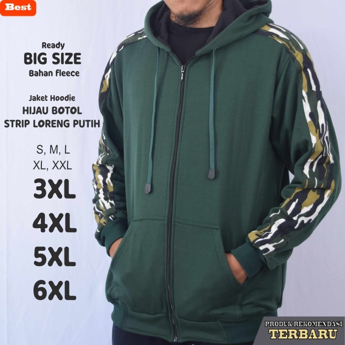 hoodie pria keren Jaket Hoodie Hijau Botol Strip Loreng Putih Pria Jumbo Big Size - Hijau Botol, S