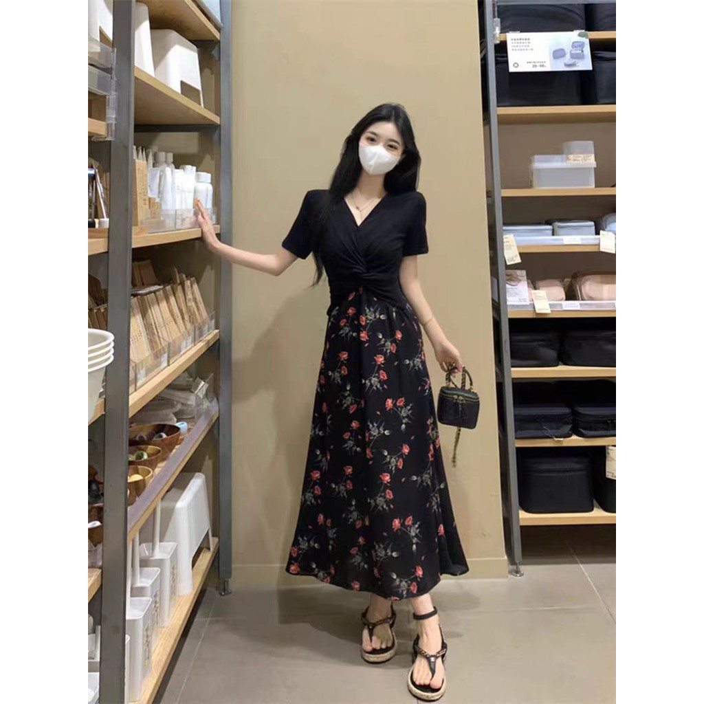 midi dress terbaru 2025 dress hitam gaun pesta mewah elegan wanita dress floral lengan pendek korean