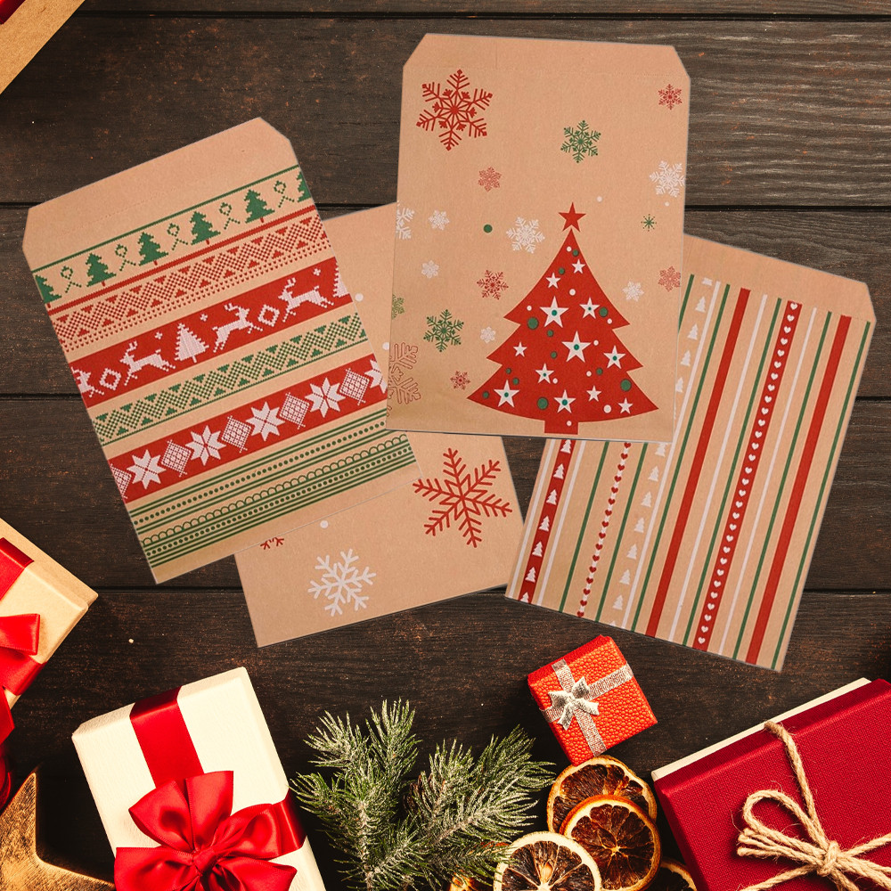 

24PCS Christmas Kraft Treat Bags – Holiday Paper Gift Bags with 4 Unique Designs for Party Favors, Goody Bags, and Buffet Tables