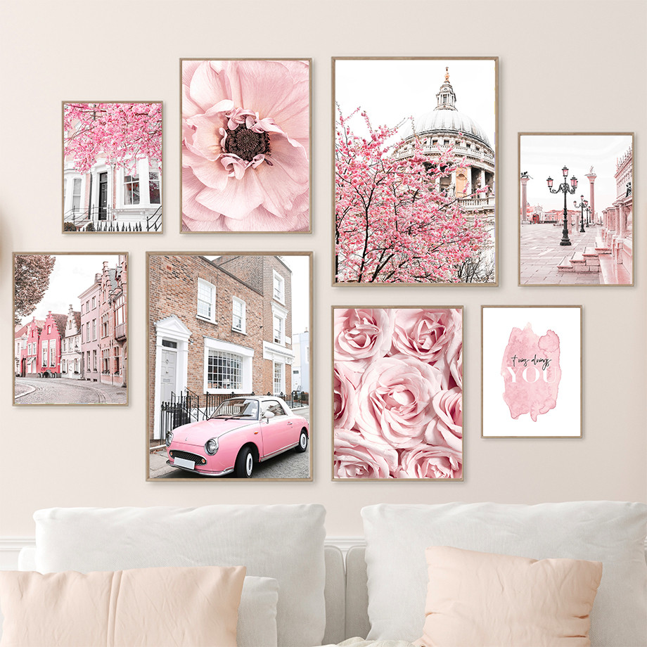 

Pink Paris Building Car Cherry Blossom Rose Wall Art Canvas Painting Nordic Landscape Posters Prints Pictures Living Room Decor