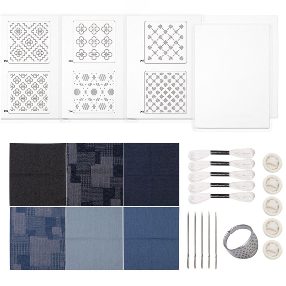 Water Soluble Sashiko Embroidery Beginner Set Denim Fabric With Thread And Needles Hand Embroidery S