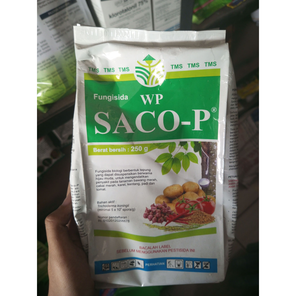 Fungisida Saco-P WP Isi Bahan Aktif Trichoderma koningii (5x10 spora/g)