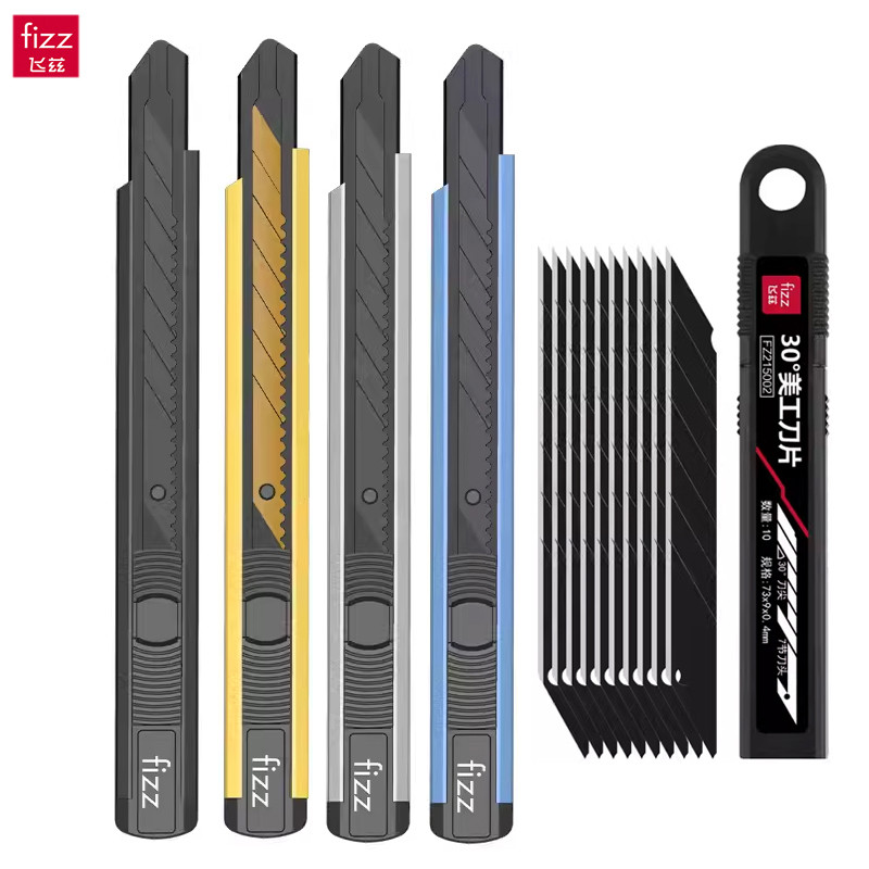 

Fizz 9mm Metal Utility Knife Zinc Alloy Box Cutter Snap off Black Carbon Steel Blades 30 Angle Sharp Self Lock Cut Tool