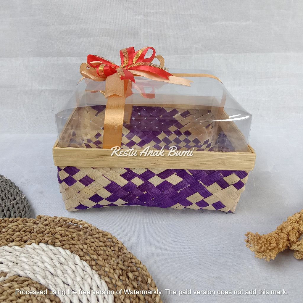 (BMT) Besek Mika Tinggi  Tanpa Cangking Motif Ungu 20cm Pita I Wadah seserahan sanggang manten kotak