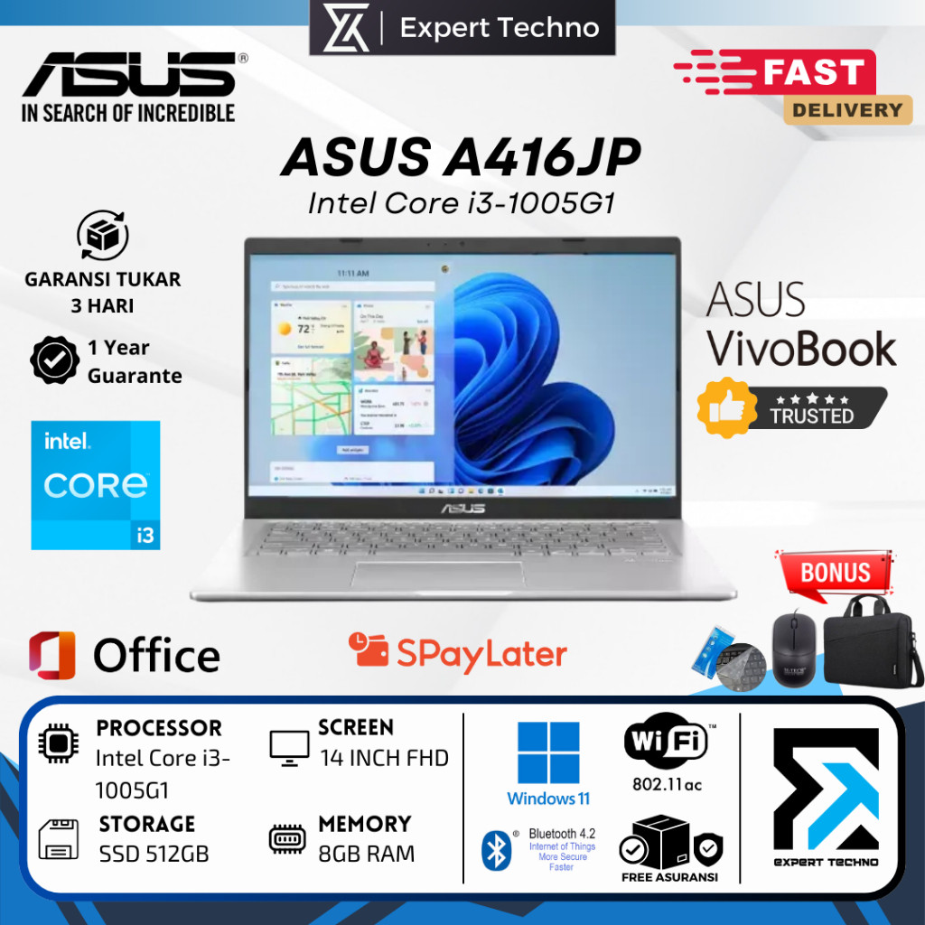 LAPTOP ASUS A416JP CORE i3-1005G / RAM 8GB / SSD 512GB / NVIDIA MX330 / WINDOWS 11 / BACKLIT / 4GB 2