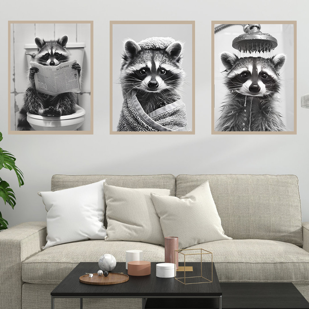 

Cute Raccoon in the Toilet Posters Print Picture Funny Animal Black and White Wall Art Canvas Painting for Bathroom Home Decor