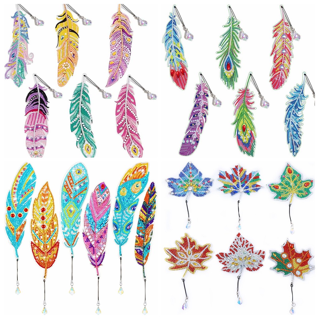 

6pcs/set DIY Diamond Painting Bookmarks Feather PET Material with Crystal Pendants for Books Notes Diamond Art Feather Bookmarks