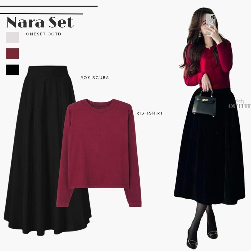 Outfit Korean Style Kekinian ( Kaos Rib Premium + Rok Payung ) One set Hangout Cewek - Nara