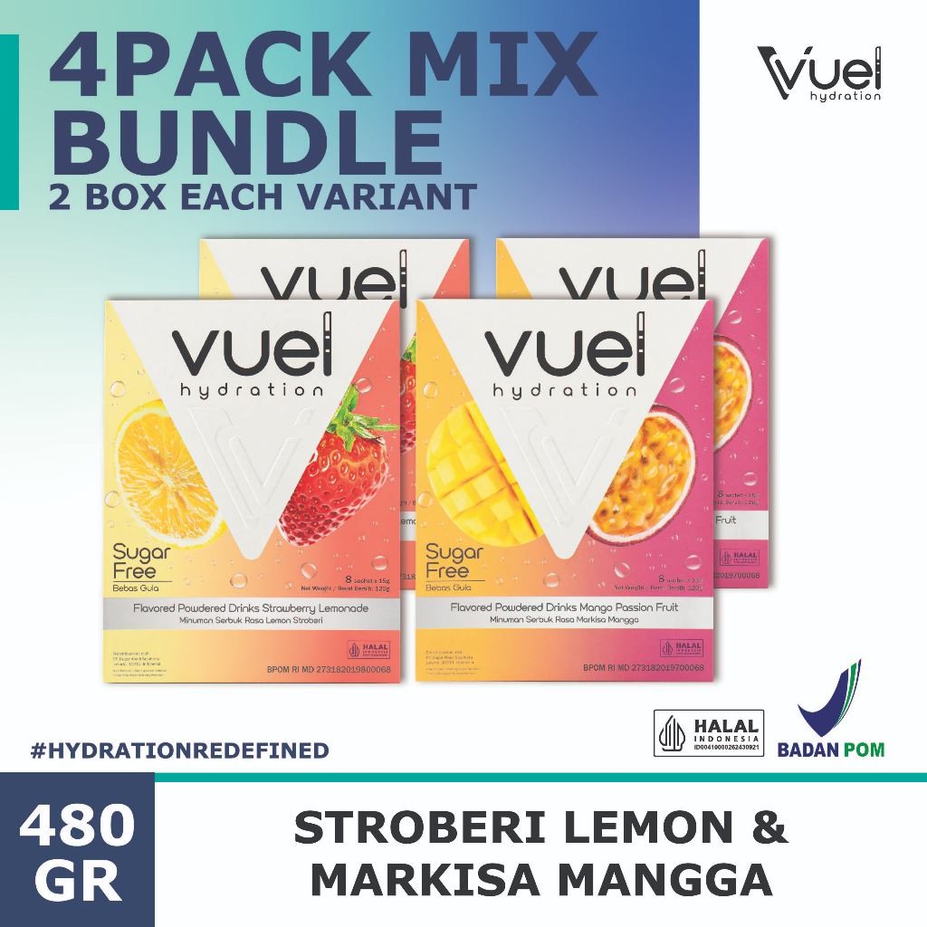 

Vuel Hydration Electrolytes Drink Mix Bundle - 32 Sachets/480gr/4 Box