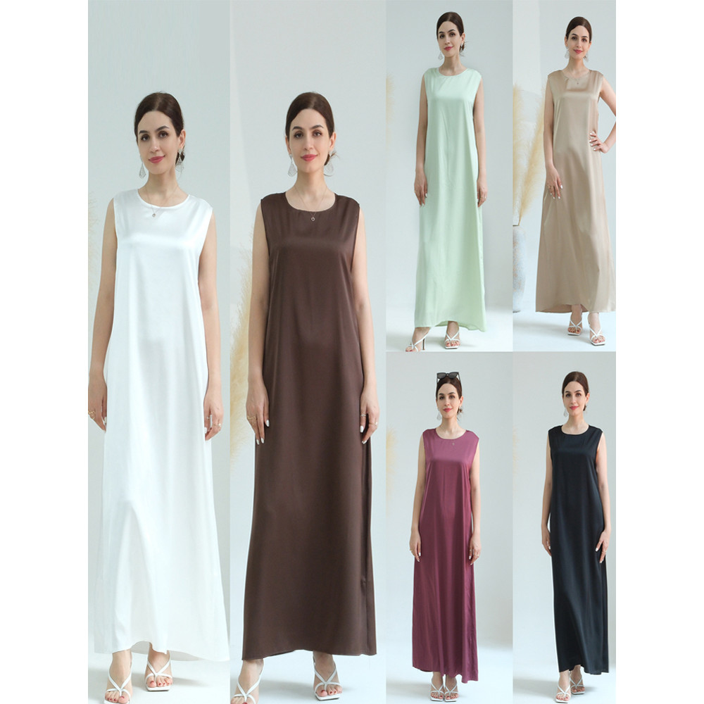 Black White Satin Silky Shimmer Under Abaya Dress Dubai Luxury 2024 Summer Women Turkey Islam Muslim