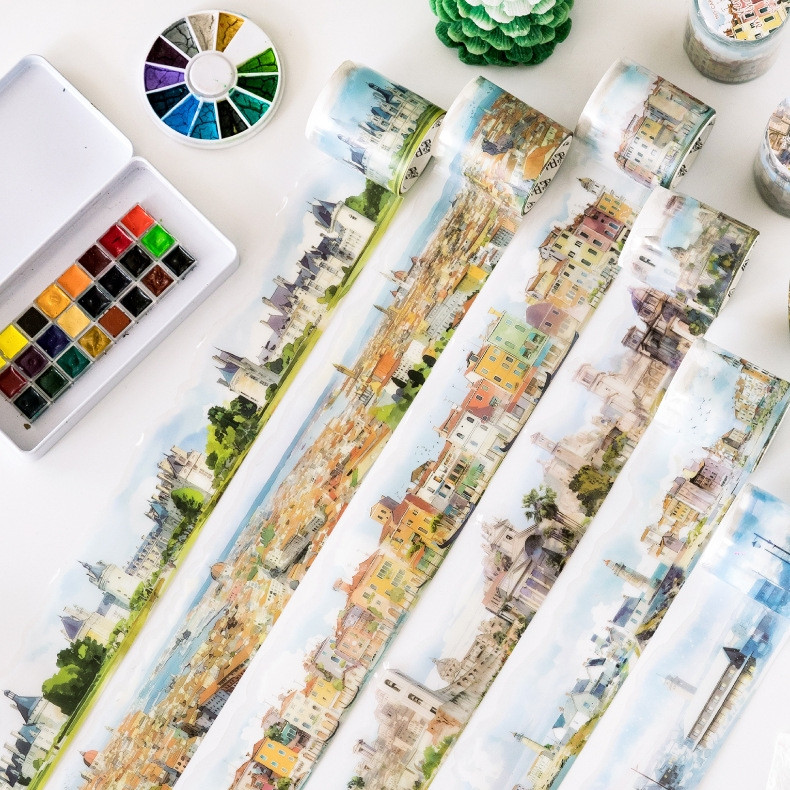 

[Gongjin] Roll Washi Tape Sticker All That Passes ATP PET Stiker Kota Scenery Winter Eropa Bangunan