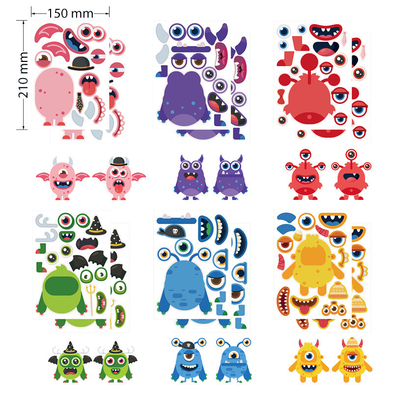 

6/12Sheets Children DIY Monster Puzzle Sticker Funny Face Expression Assemble Jigsaw Stickers Kids Educational Toys Boys Gifts