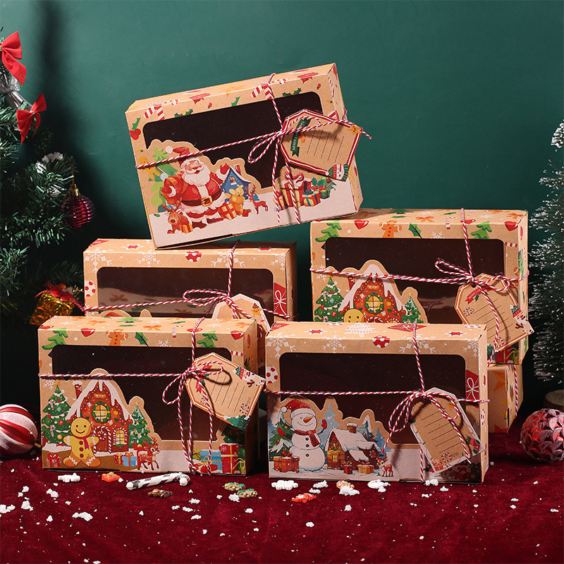 

3/6Pcs Kraft Paper Christmas Candy Gift Box Open Window Biscuit Favor Gift Packaging Box New Year Merry Christmas Party Supplies