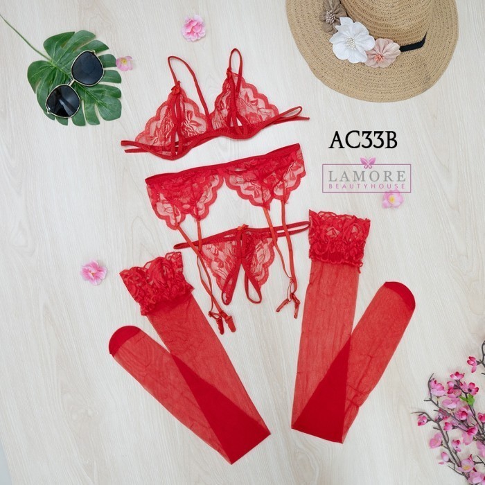 Fashion Bra Set Bh Cd + Sabuk Paha + Stocking Lace Merah Ac33B