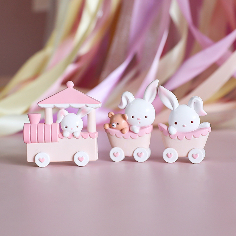1set Pink Bunny Train Cake Topper Cartoon Rabbit Bear Doll Cake Decor Girls Birthday Party Decoratio