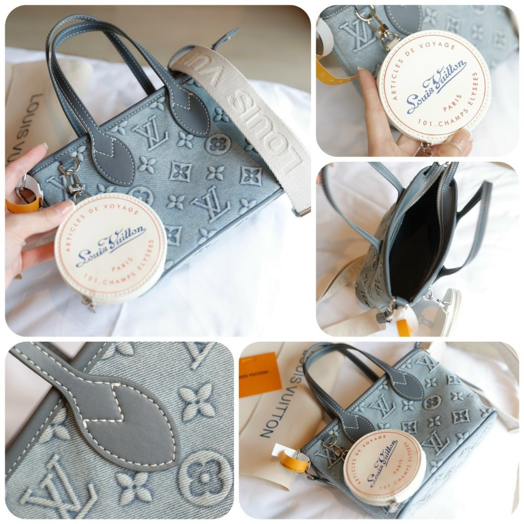 LV wanita Neverfull Denim Mini SP tas kulit import, bagasi LV penuh PK