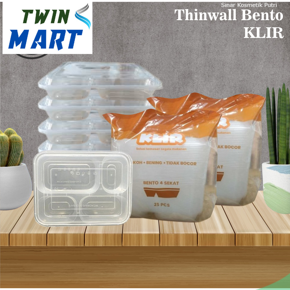 

Thinwall Bento Merk KLIR / Thinwall Bento 4 Sekat / box Plastik Packing makanan / Isi 25 pcs