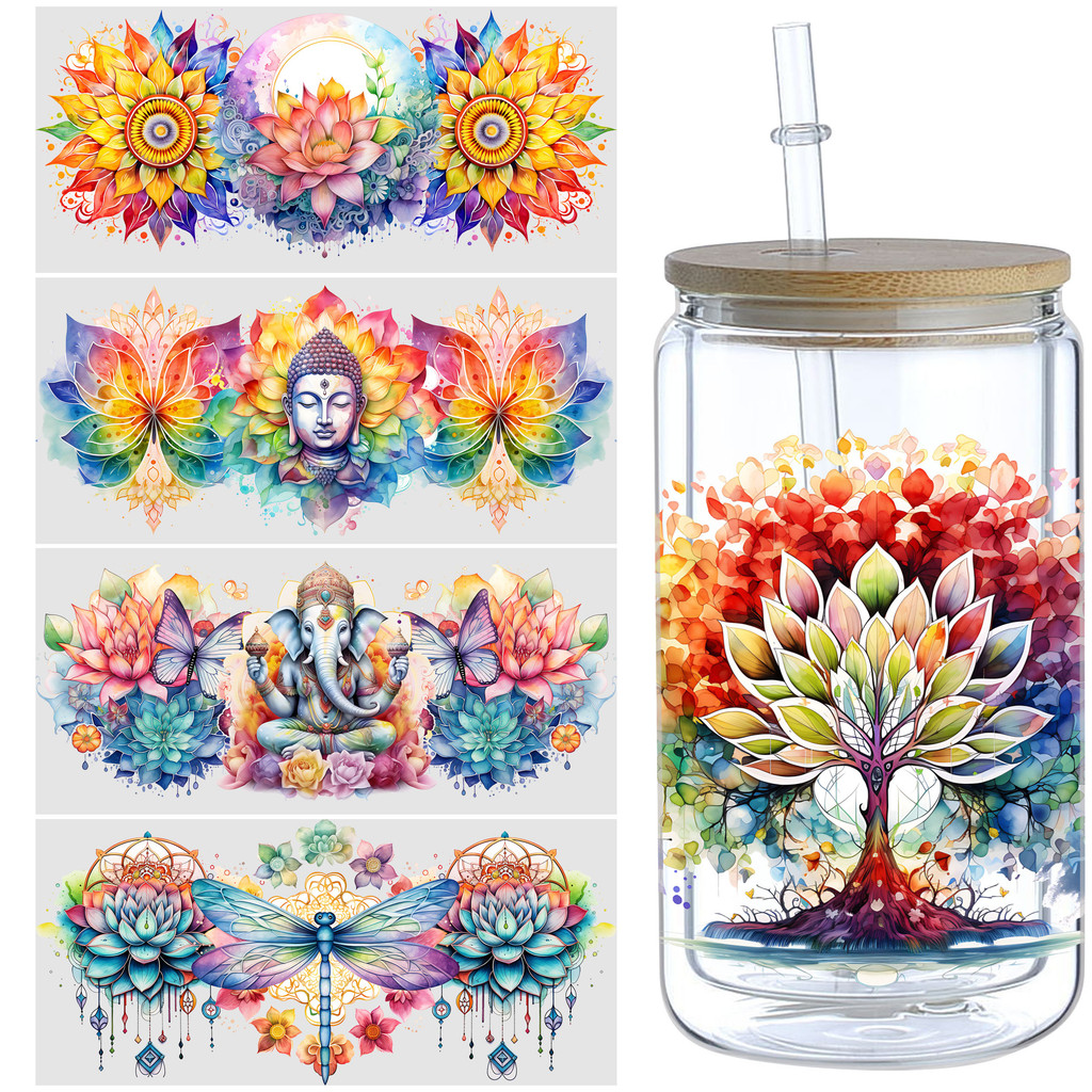

5 Sheets Vesak Day UV DTF Cup Stickers, Glass DTF Transfer Stickers, Waterproof Wipe Transfer Paper for 16oz Glass, Mug, Crafts