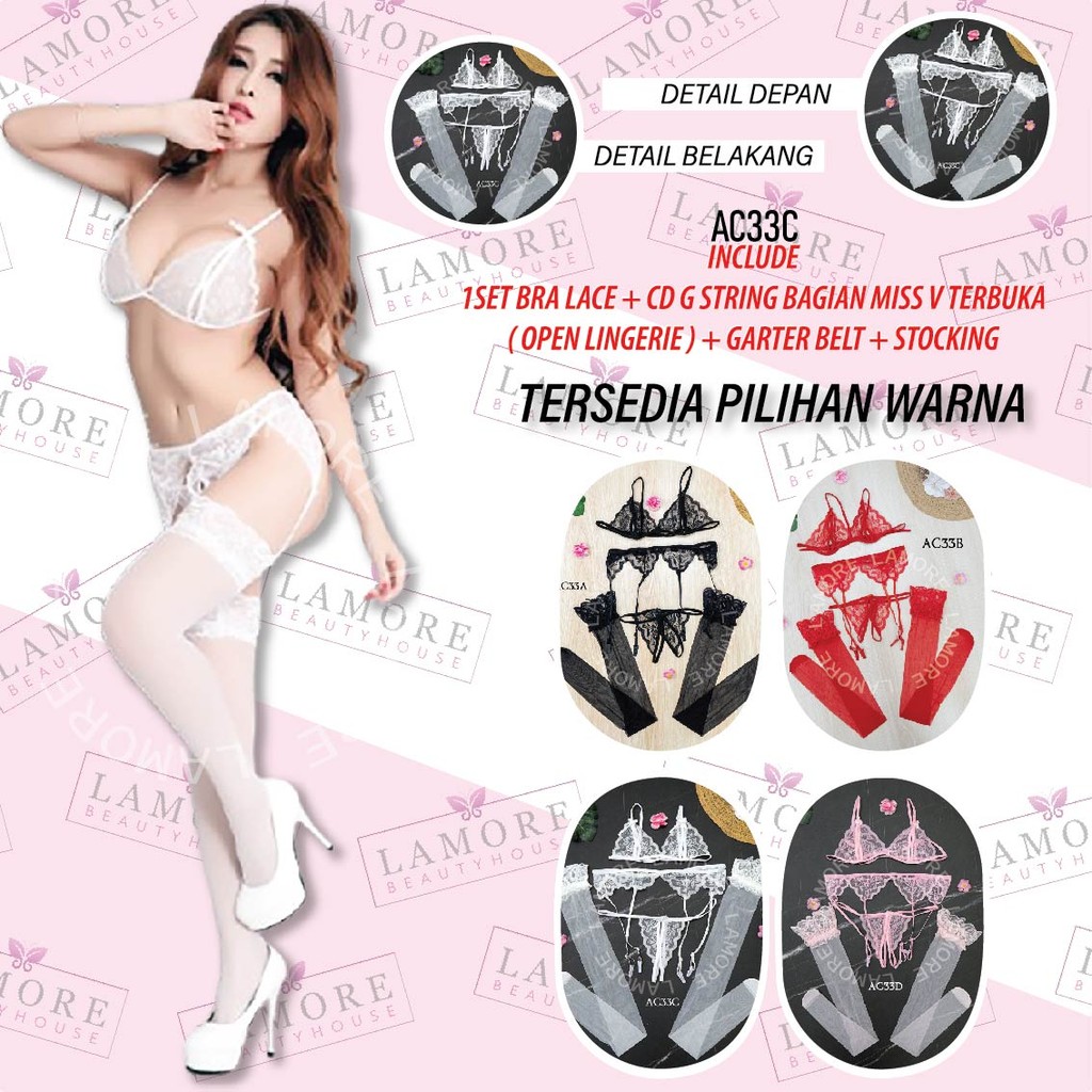 Sabuk Paha + Bh Cd Bra Set + Stocking Lace Putih Ac33C