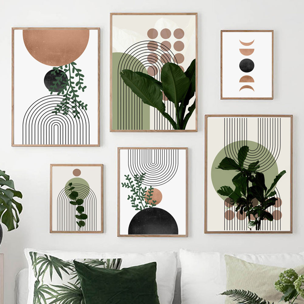 

Modern Abstract Green Plants Leaf Vase Sun Lines Wall Boho Art Canvas Painting Posters And Prints Pictures For Living Room Decor