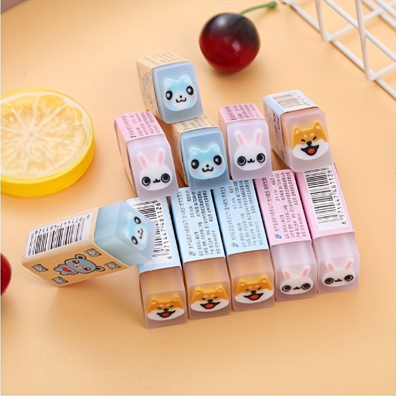 

3/6/9pcs Kawaii Animal themed square eraser | Cartoon desktop pet design fun pencil eraser, suitable for school supplies