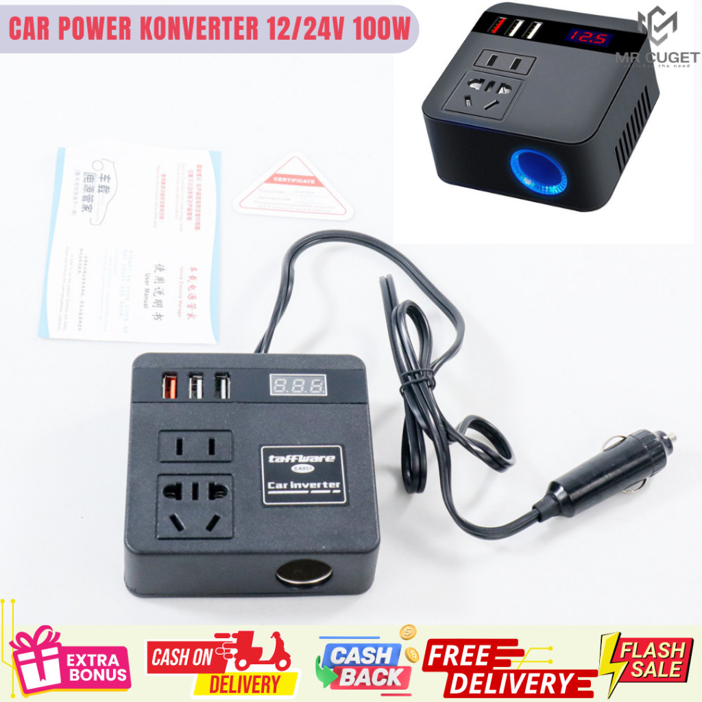 Konverter daya mobil universal dengan inverter 12V/24V menjadi 220V ubah arus DC menjadi AC 3 port U