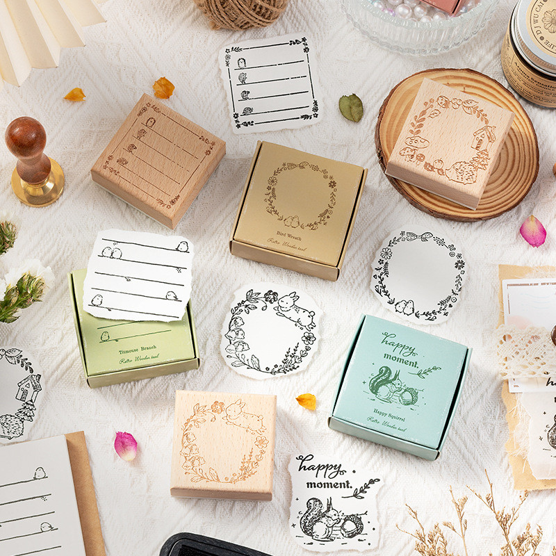 

Light Retro Handbook Seal Message Box Series Happy Squirrel Handbook Decoration Material Printing Stamp 6 Styles Assorted Stamp