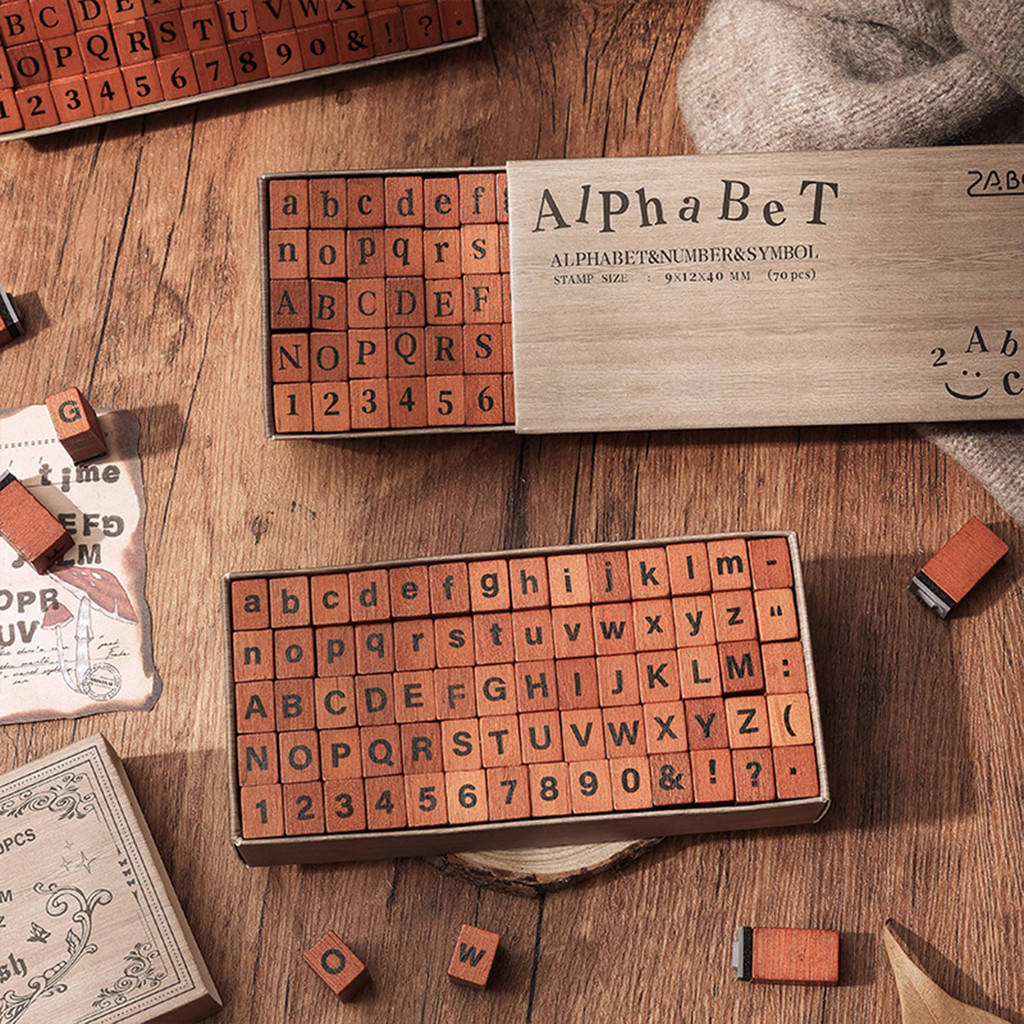 

70pcs/box, time puzzle stamp set, uppercase and lowercase English letter wooden seal, gift box handbook stamp as a gift