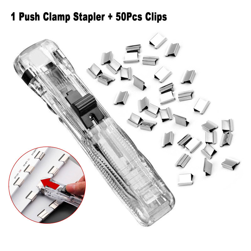 

Creative Push Clamp Stapler With 50Pcs Metal Clip Set Office School Ticket Paper File Sealing Fixing Organizing Binding Clip Kit