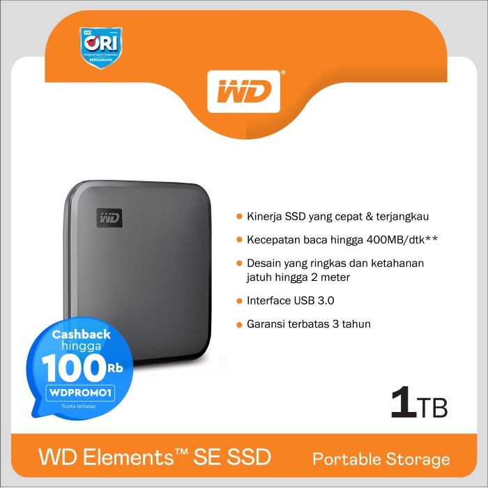 WD Elements SE SSD 1TB - External SSD -Baru-Ori-Garansi 3 Tahun-USB3.0