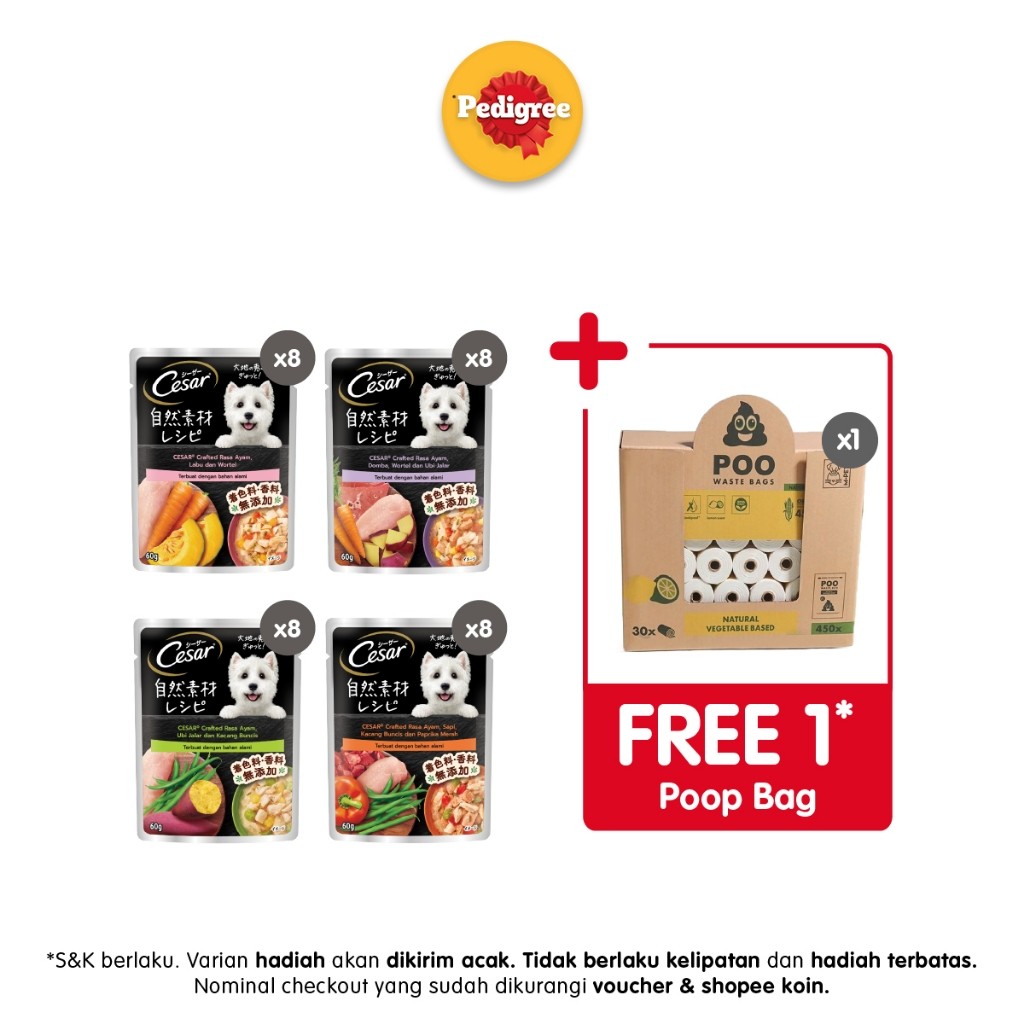 [ PROMO SPESIAL ] Cesar Makanan Anjing Basah Pouch 60 gr - Isi 8 GRATIS 1x Scented Poop Bag
