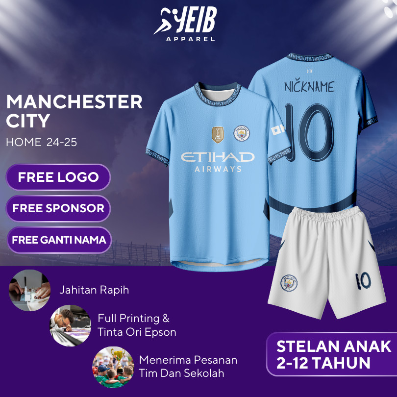 JERSEY BOLA ANAK LAKI LAKI MAN CITY HOME 24-25 | LIGA UCL | JERSEY FULL PRINTING | BISA SATUAN
