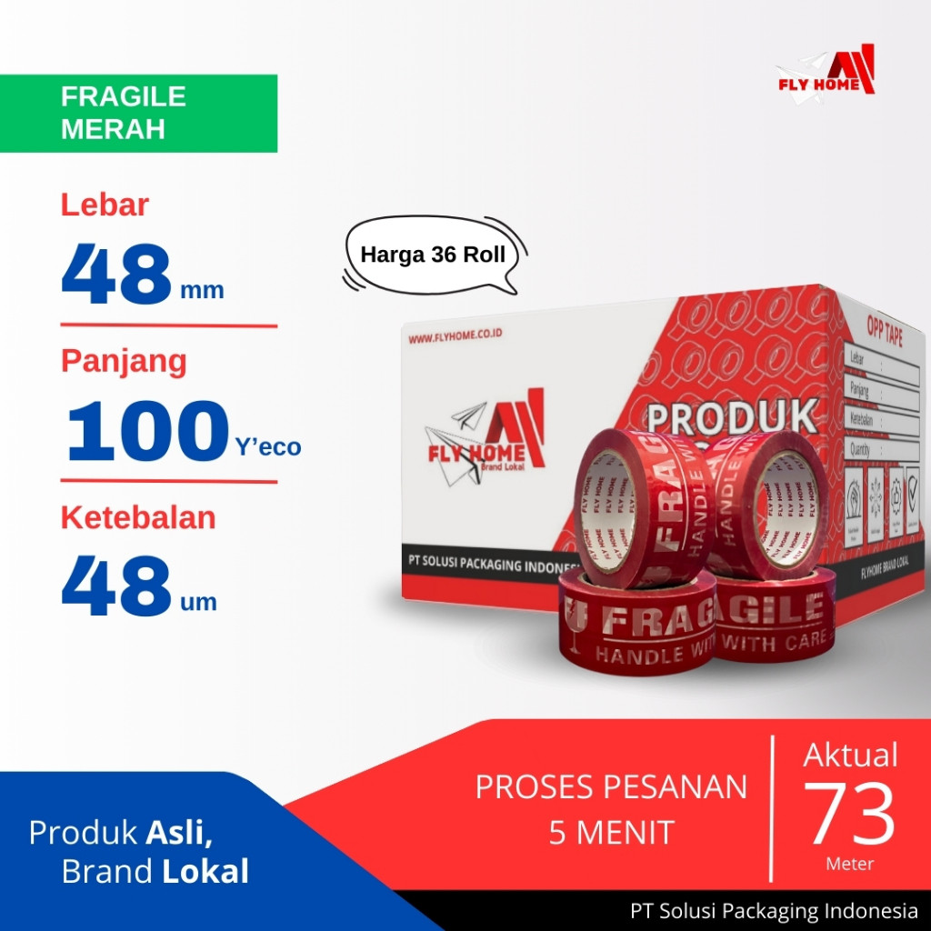 

FLYHOME Fragile merah 1/2 dus 100yard 48mm x 100yard 2inchi 36 roll lakban Fragile ECO