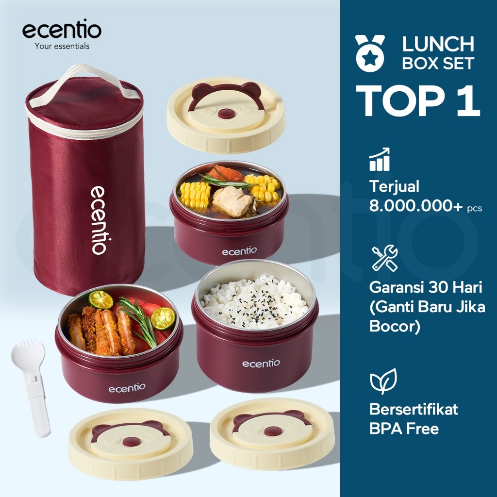 Ecentio Lunch Box Tas set 3pcs  Kotak Makan anti tumpah 304 Stainless Steel