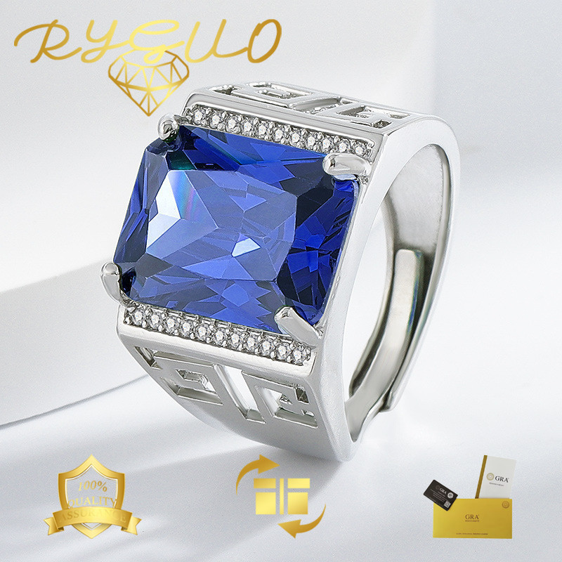 RYGUO Cincin Biru Moissanite Untuk Pria