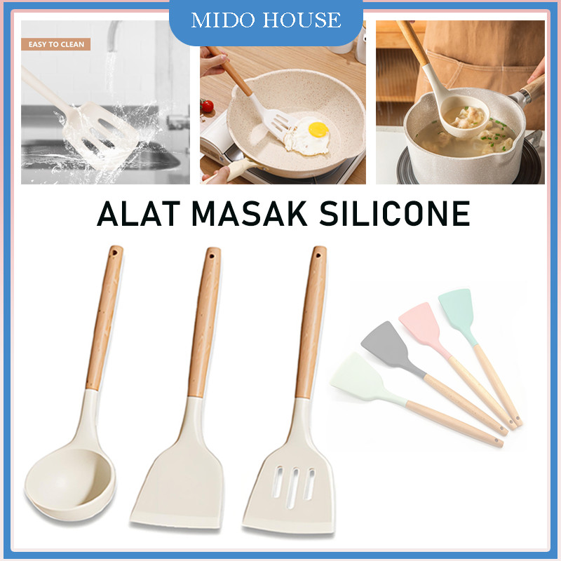 Silikon Sendok Sup Gagang Kayu-Food Grade/Silicone Alat Masak/Silicone Utensil Set 3PCS