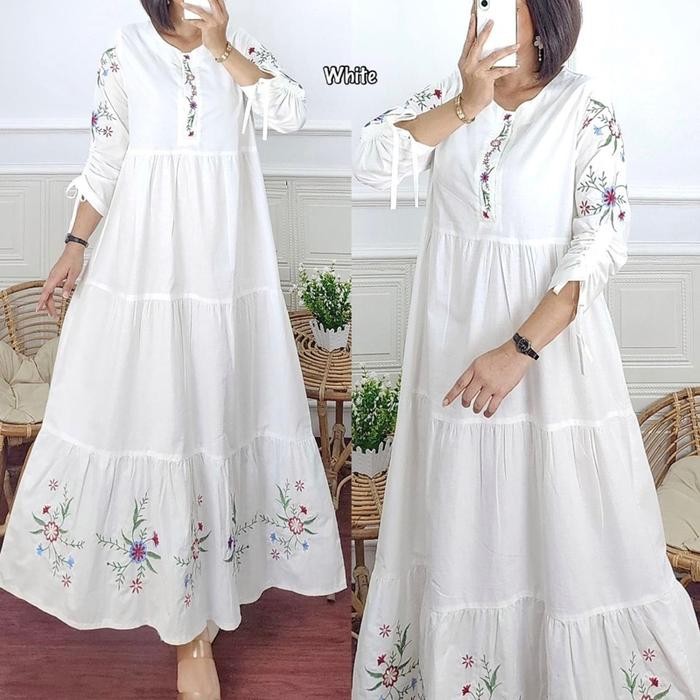 Gamis jumbo wanita katun bordir edisi khusus putih gamis bordir LD. 110 - VIOLIN / VANILA Dress Panj
