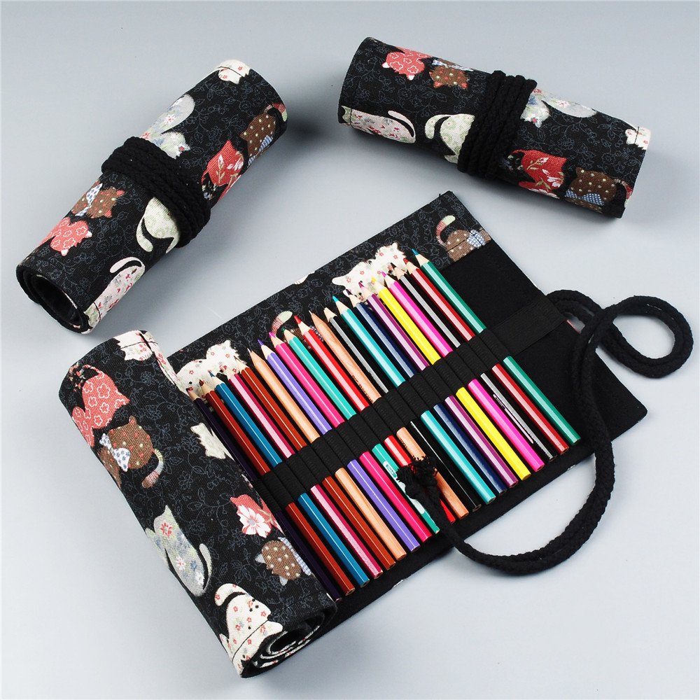 

Cute Cat School Pencil Case Roll for Girls Boys Cartridge Pencilcase 12/24/36/48/72 Holes Penal Pen Bag Big Storage Stationery