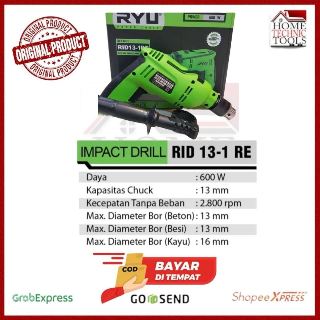 RYU MESIN BOR LISTRIK 13mm / MESIN BOR BETON 13mm RID 13-1RE / IMPAC DRIL VARIABLE SPEED BOLAK BALIK