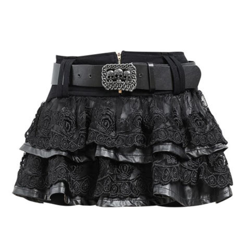 Dark Academia Pu Leather Lace Patchwork Mini Skirt with Belt Women Sexy Japanese Y2k Harajuku Skirts
