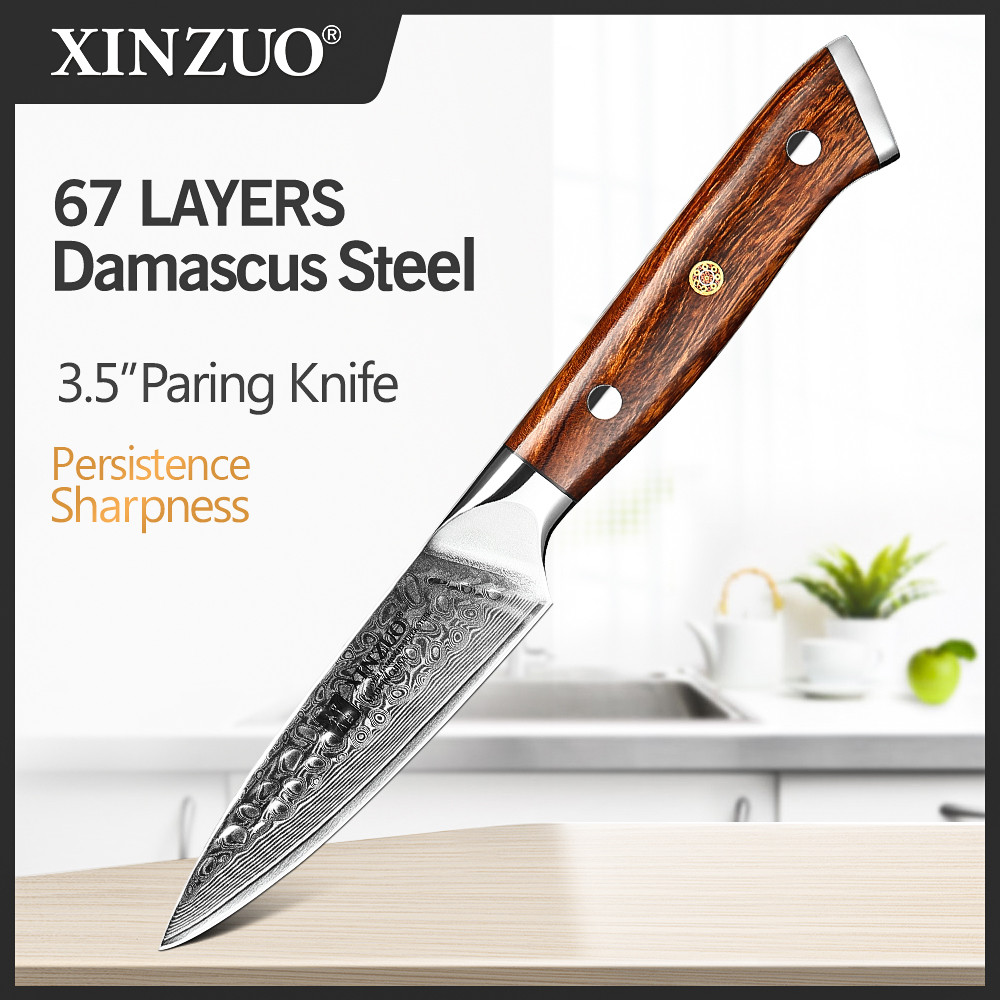 

XINZUO 3.5" Paring Knife VG10 Damascus Steel Blade Stainless Steel Utility Cutter Gift North America Desert Ironwood Handle