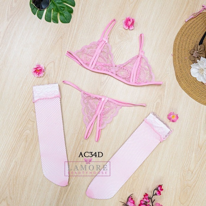 Stocking + Bra Set G String Underwear Lingerie Wanita Lace Pink Ac34D