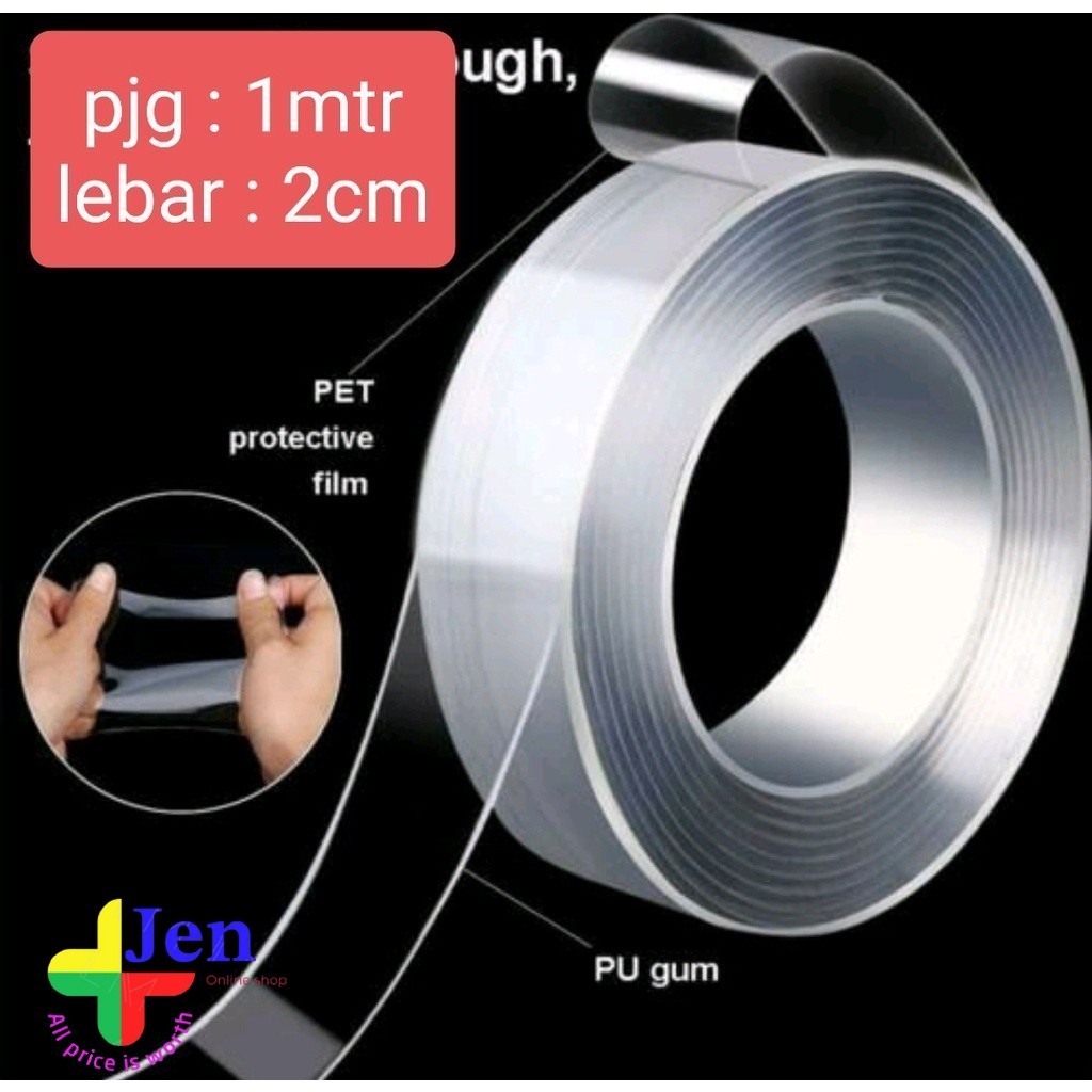 double tape nano bening 1 meter lebar 2cm lakban nano bening 2 sisi lakban bening 1 meter double tap