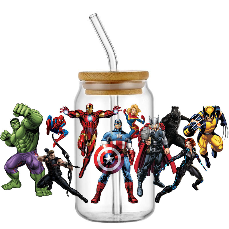 

Miniso The Avengers 16OZ UV DTF Cup Wrap Transfer Sticker Custom Label DIY Durable Waterproof Logo For Libbey Glass Can